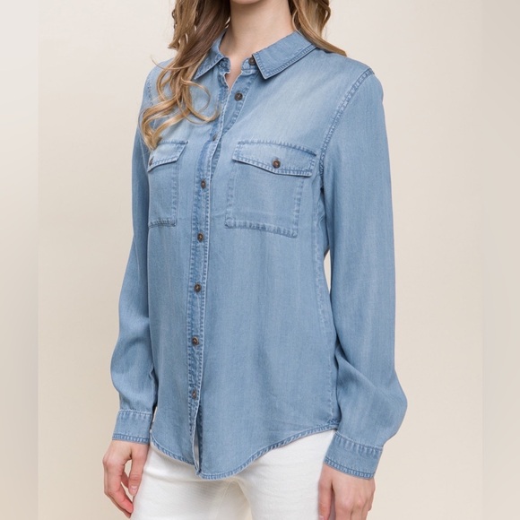 NWT Love Tree 100% Tencel Scooped Hem Button Front Chambray Denim Shirt - Picture 3 of 3